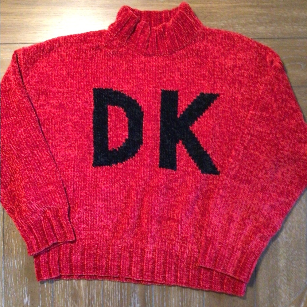 DKNY Red Cowl Turtleneck Sweater with Chunky Knit and Bold Design